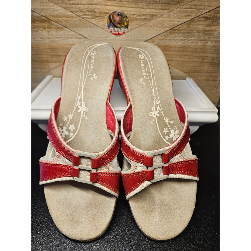 Merrell Leather Wedge Slide Sandals Sz 8 Berry Red Crossover Performance #711‎